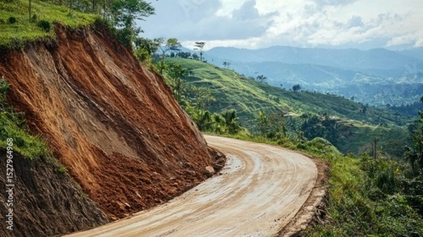 Fototapeta A landslide blocking a winding hillside road, illustrating the sudden occurrence of impassable obstacles