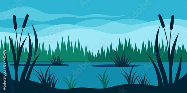 Fototapeta A wet grassy flat and coastal habitat marshland cartoon video background scene vector illustration