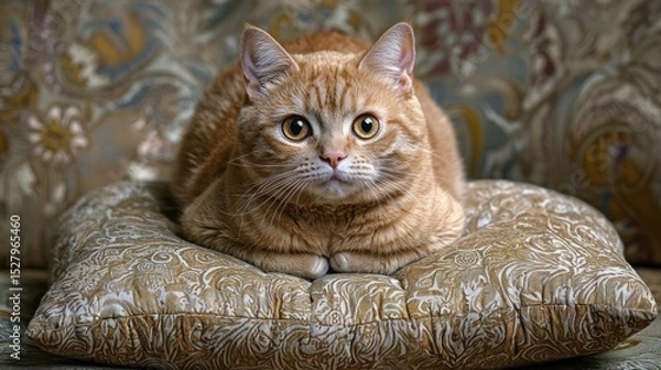 Fototapeta A cat sitting on a luxurious cushion with an imperious gaze, as though ruling its domain