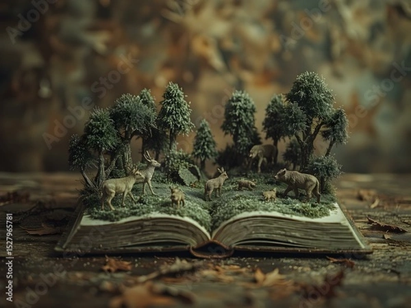 Obraz Nature's Story: An open book unfolds, revealing a miniature woodland scene populated with graceful deer and vibrant trees, celebrating the allure of literature and the wonders of the natural world. 