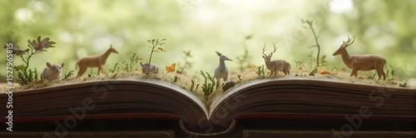 Obraz Book of Nature's Wonders: A miniature wonderland of wildlife springs to life from the pages of an open book, with a selection of deer, rabbit, flowers and plants.