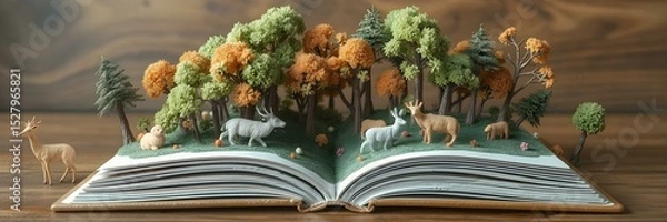 Obraz Open Book: A whimsical diorama of a miniature forest scene, complete with trees, deer, and rolling hills, springs to life within the pages of an open book.