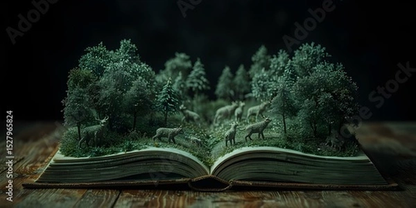 Obraz Enchanted Storybook: An open book reveals a miniature forest scene, with lush trees, grassy areas, and a pack of wolves traversing the landscape.