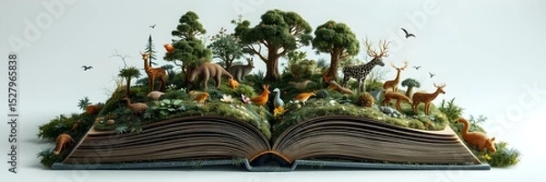 Obraz Whimsical World Within a Book: A vibrant, fantastical world springs forth from an open book, showcasing miniature flora and fauna amidst rolling hills and verdant landscapes.