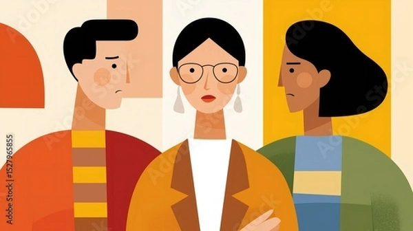 Fototapeta A woman with glasses stands with arms crossed between two coworkers who look upset. The minimalist art style suggests tension and workplace stress