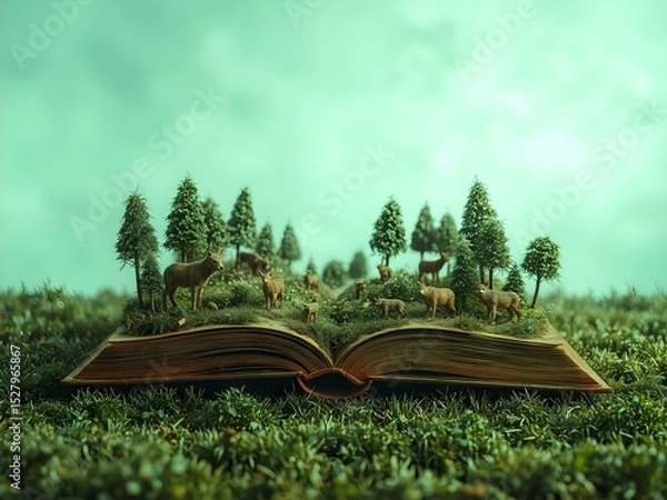 Obraz Open Book Nature Scene: An open book transforms into a vibrant nature scene, a captivating tableau where a forest with deer unfolds amidst the pages. A symbol of imagination and storytelling.
