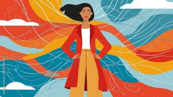 Fototapeta A confident Woman stands with hands on hips, clad in a red coat and striped pants. Behind her is an artistic design with swirling lines and colors, conveying ambition