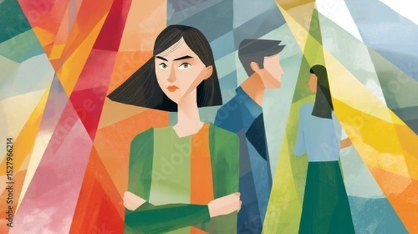 Fototapeta A woman is standing with her arms crossed. In the background are a man and a woman. The scene is set against a geometric pattern of different colors