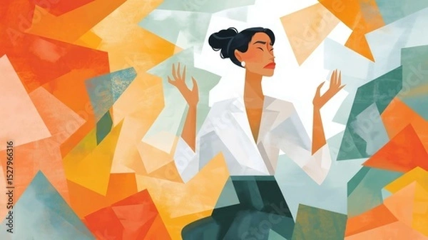 Fototapeta A woman in a white shirt is centered with her hands raised, eyes closed, against a bright background of geometric shapes. The background is orange, yellow, green and teal