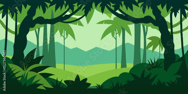 Fototapeta A high looking up dense verdant jungle canopy cartoon video background scene vector illustration
