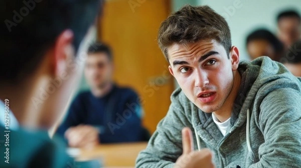 Fototapeta A teenager responding sarcastically to a teacher in class, representing the audacity of impertinence in youth