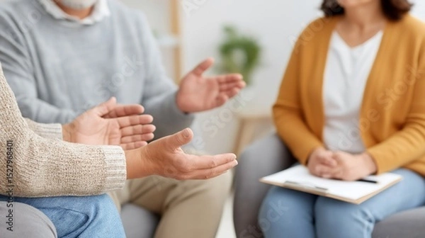 Fototapeta A mature family gestures while talking to a therapist holding a clipboard during a therapy session. They appear to be discussing and resolving issues