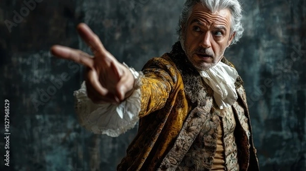 Fototapeta A character in a historical play gesturing dramatically, portraying the imperious nature of nobility
