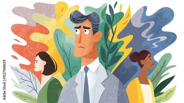 Fototapeta A man and two women in business attire stand facing away with concerned expressions. An abstract background displays muted tones of green, blue, yellow and orange