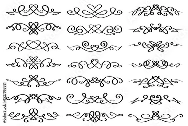 Fototapeta Line art abstract calligraphic design elements. Curved decorative borders with swirls and hearts. Collection of text dividers, abstract paragraph separators, luxury borders.