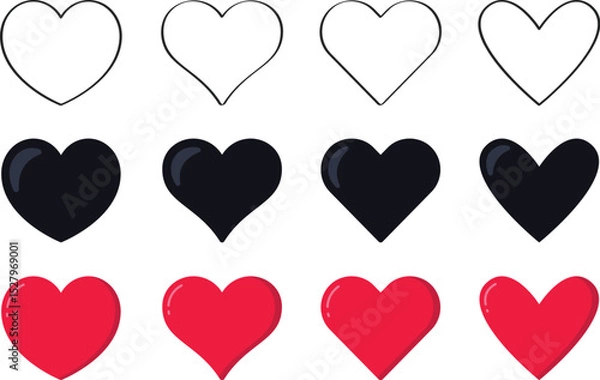 Obraz Heart Icon Set – Outline, Black, and Red Love Symbols Collection