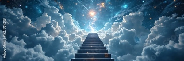 Obraz Stairway to the Celestial: A surreal scene of a staircase ascending through fluffy clouds toward a brilliant star in the vast, starlit expanse of the night sky. A symbolic image of dreams, ambition.