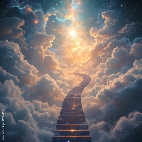 Obraz Stairway to Celestial Heights: An ethereal depiction of a stairway ascending through a celestial realm of clouds and stars. This evocative artwork captures the journey towards enlightenment.