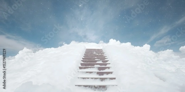 Obraz Stairway to Heaven: An enchanting shot of a wooden staircase ascending into a radiant blue sky framed by fluffy, cloud-like formations. Invoking a sense of peace and possibility