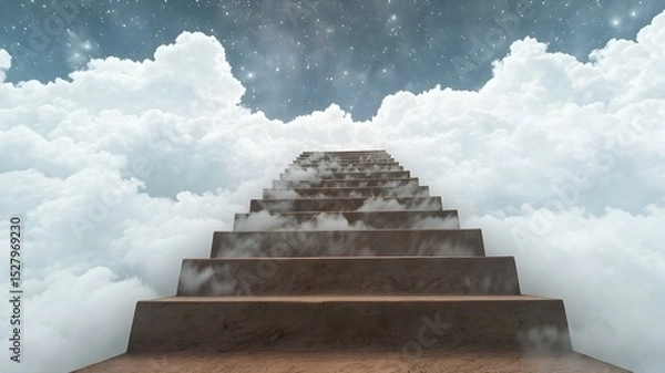 Obraz Ascending to Dreams: A surreal image of stairs leading upward towards a beautiful sky filled with clouds, evoking a sense of aspiration, ambition, and a journey towards reaching new heights.