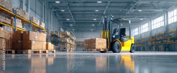 Fototapeta The forklift navigating in a well-organized warehouse filled with boxes.