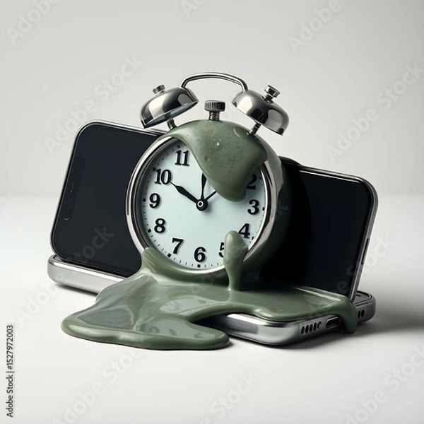 Obraz Time Meltdown: A surreal representation of time's fluidity, with a melting clock resting on a smartphone. The scene is a study in texture and perspective.