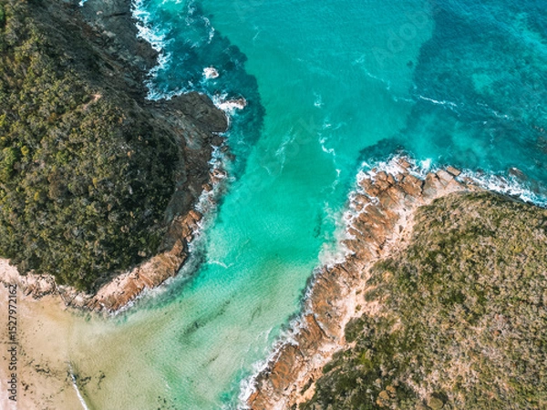 Obraz beautiful lagoon among the rocky shore view from above, drone view turquoise water. Cliff coastline landscape Cape Otway, VIC, Australia. Ocean view from the sky, Great ocean road, travel destination 