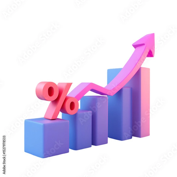 Fototapeta 3d render of a percentage symbol with an upward trend financial growth chart PNG file isolated on transparent background cut out, clipping path, social media,Advertisement,high quality, HD photo.