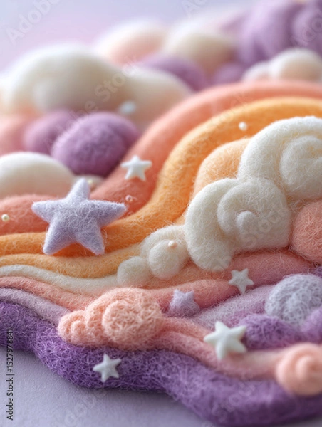 Fototapeta  handcrafted felt artwork that creates a dreamy, whimsical, and serene aesthetic. It evokes imagery of a fantastical sky filled with clouds, stars, and rainbows.