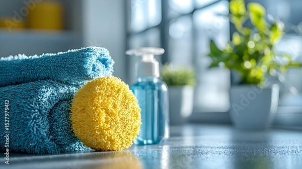 Fototapeta Colorful Blue and Yellow Towels on Counter