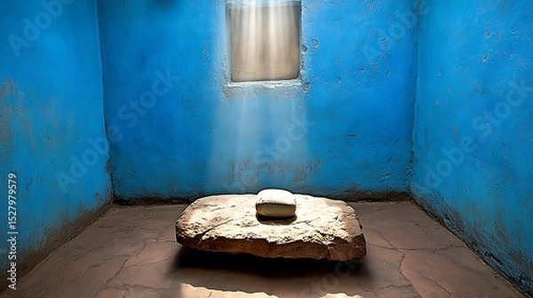 Fototapeta Illuminated tranquility: A stone platform in a blue room with heavenly light