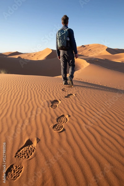 Fototapeta footprints of man in shoes walking in sand dunes of Sahara desert