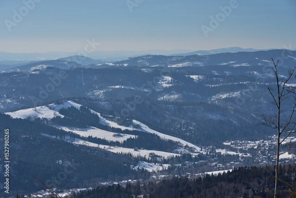 Fototapeta Scenic Beskids mountains at Silesian Voivodeship near European Bialy Krzyz in Poland