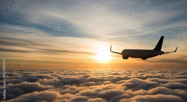 Fototapeta Airplane Flying Above Clouds at Sunset with Warm Light
