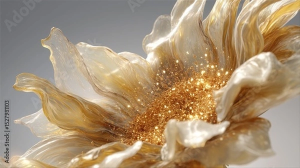 Fototapeta Golden glitter bursts from a translucent, pearlescent flower.