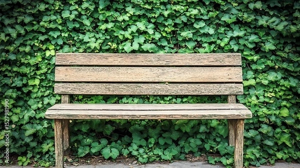 Fototapeta Rustic wooden bench nestled against a lush green ivy-covered wall backdrop