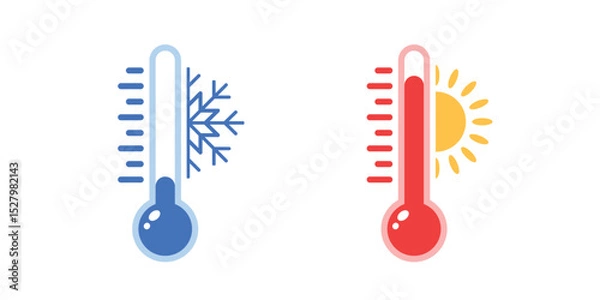 Fototapeta Street thermometer sign with two thermometers showing cold and hot temperatures. Represents weather forecast, high summer heat, frost, and snow. Flat vector design for seasonal weather illustration.