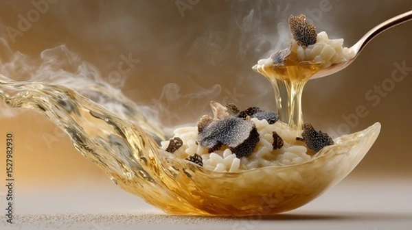 Fototapeta Warm risotto with truffle shavings, a culinary delight.