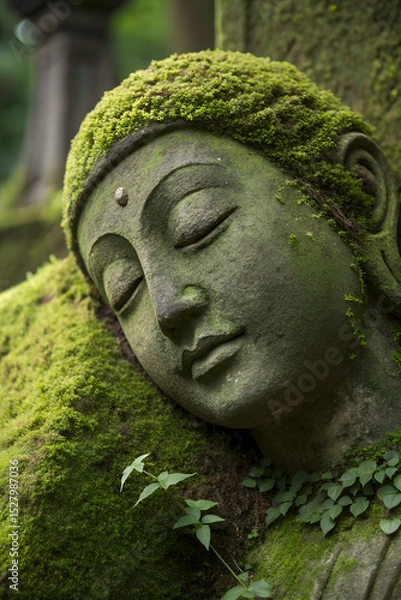 Fototapeta Moss Covered Buddha Statue in Deep Meditation