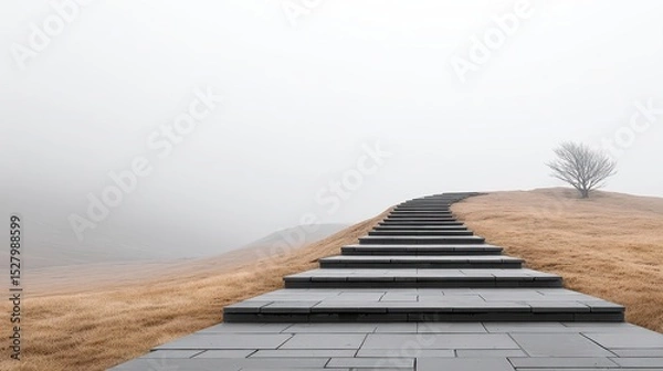 Fototapeta Pathway Leading Forward Through Foggy Negative Space Landscape