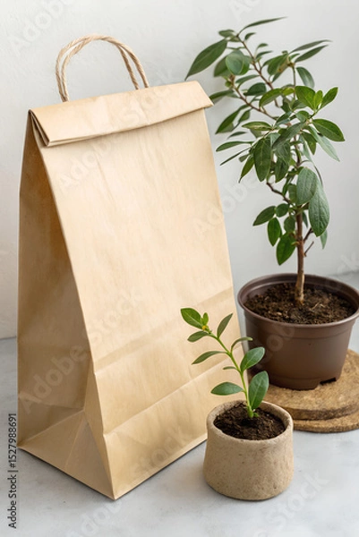 Fototapeta Paper Bag And Two Plants On Gray Surface