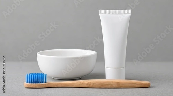 Fototapeta Simple Toothbrush and Toothpaste on Neutral Background for Hygiene