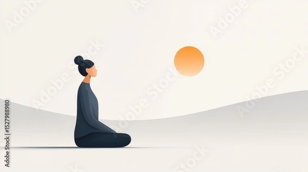 Fototapeta Minimalist Silhouette of a Person Meditating with Sunset Background