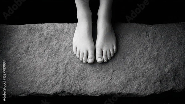 Fototapeta Barefoot Human Feet on Textured Surface in Monochrome Setting