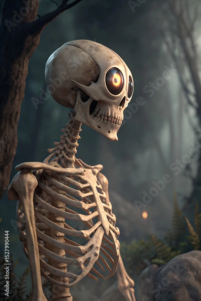Fototapeta Spooky Skeleton With Glowing Eyes In Forest