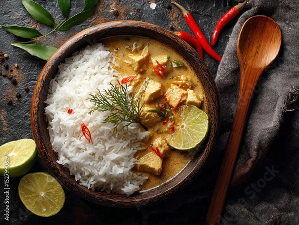 Obraz Overhead shot of chicken curry with rice in a wooden bowl with lime and red chili peppers on a dark surface