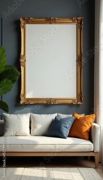 Fototapeta Empty ornate wooden frames on modern wall, luxury room setting, home, boho, rustic