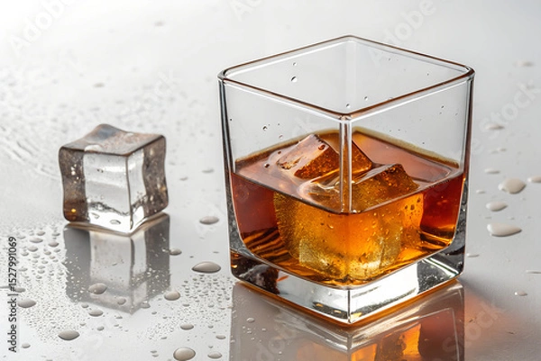 Fototapeta Whiskey with Ice Cubes on Reflective Surface