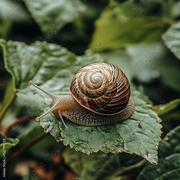 Obraz A beautiful snail resting on a green leaf highlighting its spiral and natural habitat