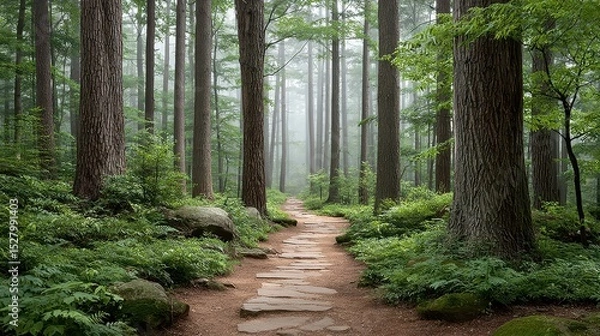 Fototapeta Serene Pathway Through a Dense Forest in Misty Conditions